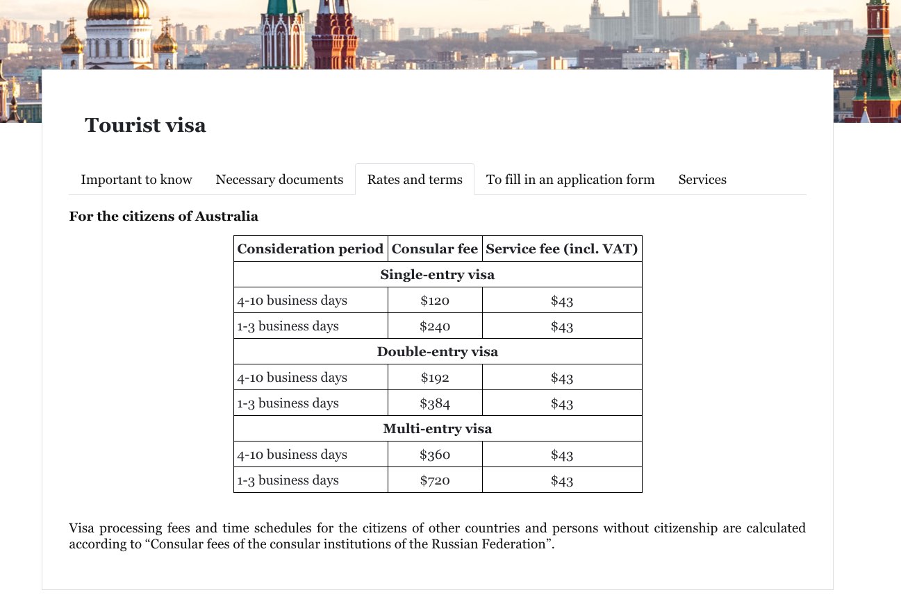 Visa center of Russia in Australia - Tourist visa - Fees and rates