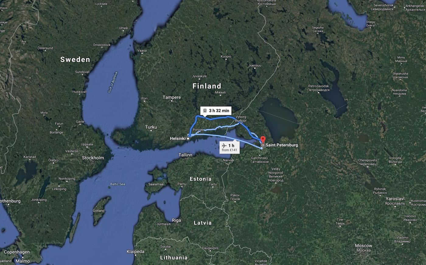 Map for going from Helsinki to St. Petersburg - Google maps